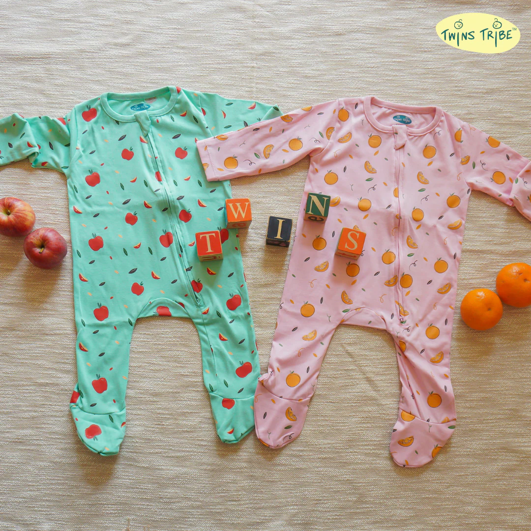 TwinsTribe Twins Rompers Set – Apples & Oranges - Image 3